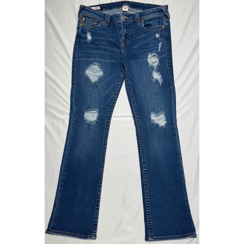 True Religion Becca Mid Rise Bootcut Distressed Jeans Womens Size 33 Medium Wash